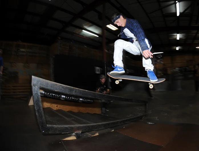<!--hj2014-->

Ramante Cooper set the bar high during Best Trick comp with this proper kickflip crook down the hubba.




