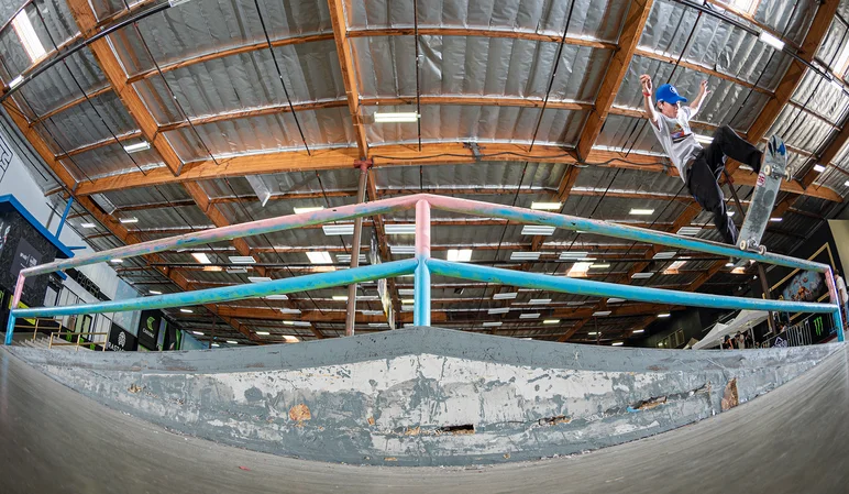 Jake Brenier hoists a Front Blunt Slide up onto the A-frame.

<!--damnamla22practice-->