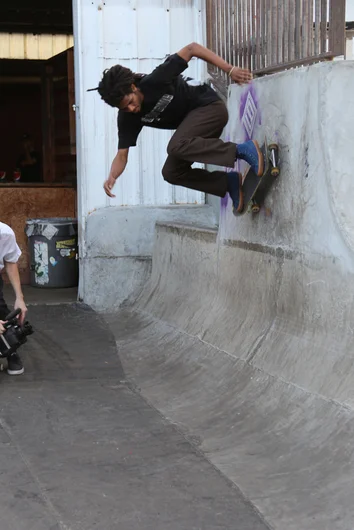 <!--eotmfeb16-->

This new wallride obstacle is a product of the Converse concrete rebuild. Luckily it’s now one of the funnest things to skate here at the park. Derick Wynn puts in a tall order with this wallride.