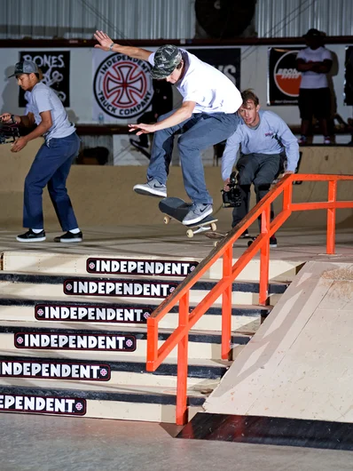 <!--DA-ATL16-1-->

Filmers gonna film, skaters going to skate.  Christian Dufrene knows the code with a Bigspin Boardslide.