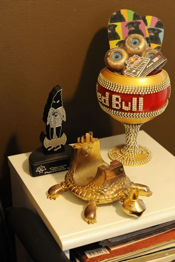 A nice collection of trophies in Joey's house includes a few that we have handed to him from Skatepark of Tampa.<!-- A California Work and Play Day -->