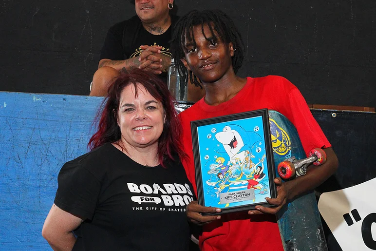 <!--specialtyawards17-->

Park Shark - Kris Clayton. Not only does Kris rip, he's also a huge supporter of Boards For Bros. So much so, that when we ask him to dress up in a hot-ass shark costume in 99 degree weather, he's like 