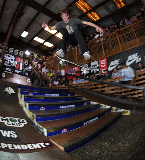 <!--finalspro14-->

Mark Suciu did some of the hardest tricks of the weekend. He made this switch 360 flip down the stairs during his run, but didn't make the cut to the finals. 
