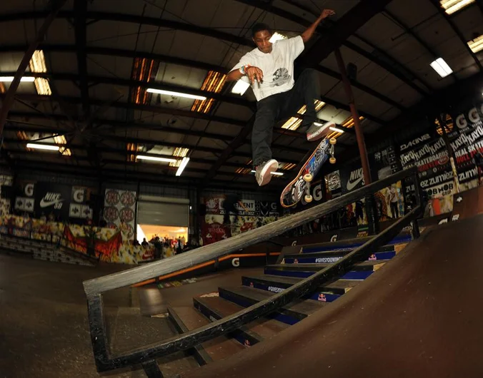 <!-- amdec13fri -->

Dominick Walker was the last person to skate today and had his own one-man-jam. He basically put on a demo, and did this kickflip frontside nosegrind just after time ended and the crowd went crazy. What a way to close out the skating.