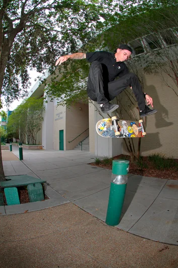 <!--inequality-->

Speaking of keeping it moving, he didn’t stop there. This spot you might recognize from USF. At one time there was a bench instead of a pole. Yonis continues his day with a FS Heelflip from the bump to pole.