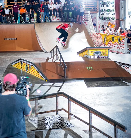 <!--pro18-finals-->

I guess that big metal A could stand for Alex too. Alex Midler doing a gap to bs Noseblunt Slide that is.
