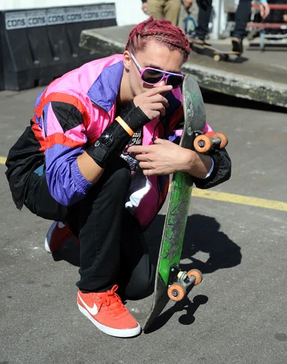 <!--hj2014-->

I wandered out into the courtyard to check out the scene while the 16-and-up division warmed up and I spotted Riff Raff, aka Jodi Highroller, skating flat.



