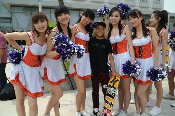 Woodward Beijing Grand Opening<br />
Jimmy Carlin described Curren Caples as having hair like a stallion and a tan like a god.  The cheerleaders are all about it.<!-- china -->