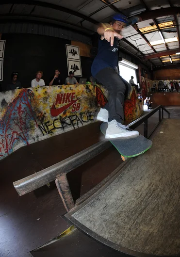 <!--bts14-->

This frontside feeble grind that Julian Lewis did across the bank-to-bank rail was really tweaked out. Julian landed some super hard tricks during practice, but couldn't put it together during his jam. Next time, Julian.









