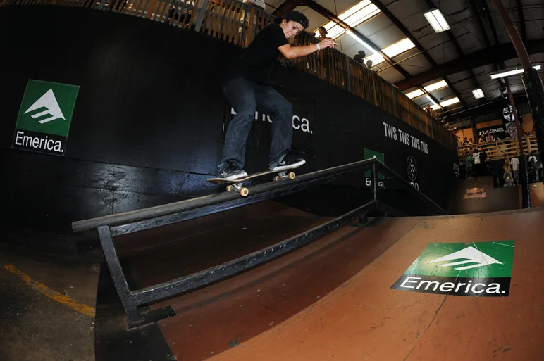 <!-- backtoschoolbash2013 -->

Noelia Velez held it down for the girls and beat half the guys in the 16 and Up Division, finishing 22nd out of 44 skaters. Here's Noelia doing a frontside 50-50 on the A-frame rail.