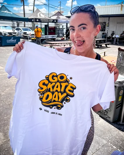 Welcome to Go Skate Day 2024! Thanks for shirking your Friday responsibilities and joining us for a day of good ole wholesome skateboarding fun! Summer from Curaleaf is here repping this sick T-shirt Vans made for us.

<!--goskate24-->
