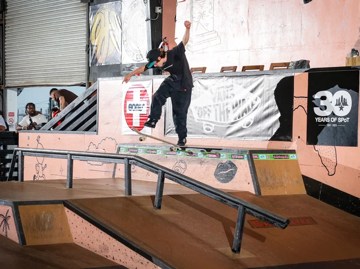 Alright time to take it to the center piece. Kickflip back tail from Wes Box to start things off.

<!--goskateboardingday2023-->