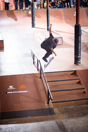 We all saw Felipe’s Nollie Flip Crook on the bump to ledge, but for the finals he took
it to the rail.

<!--tampapro23day3-->