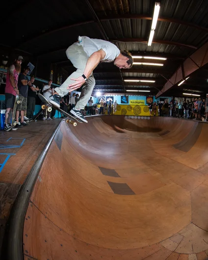 Everyone knew who Ben Pedigo was after he dropped in and went straight for a kickflip back disaster to start his run.

<!--ombj2022-->