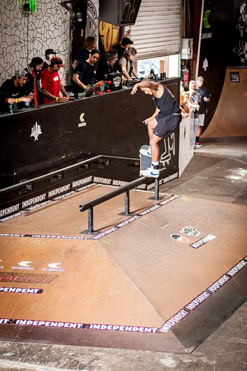 Power, control, and a school gym uniform.. Cordano Russell crushes a Fakie 5-O from bank to bank
<!--tampam2022finals-->