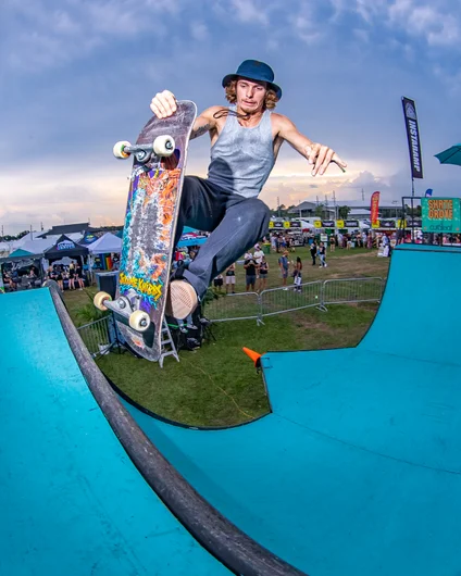 I have met this dude before and I am drawing a blank on his name. He did a front shuv across the entire ramp. Yankin' it in for the crowd on this one

<!--floridagrovesfest23-->