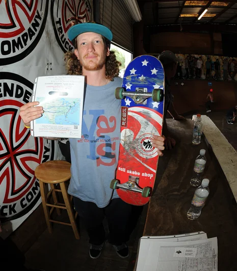 <!--springroll14-->

This is Mark Williams. Mark is skating around the country, in total 8,000 miles, to raise funds for a skateshop / pizza joint, and also so he can donate a portion of the money he collects to breast cancer charity. Mark has traveled 1,350 miles already, and when Frank asked if he has cruiser wheels for his trip, he said 