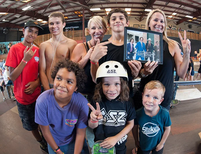 <!--hj16photos-->

Ok, so this photo has so many people who have awards already. What a winning group of people. “Skatepark Support Tribe Leadership” award goes to Graffiti Skate Zone.