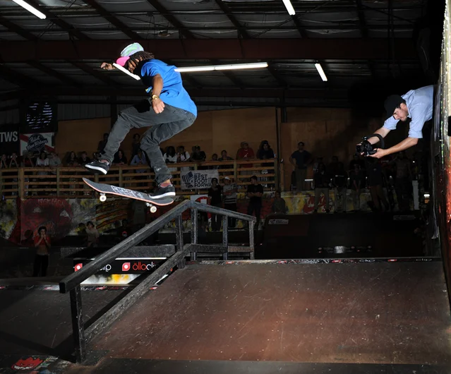 <!--aycz14-->

Immediately following the finals, best trick got started on the pyramid. Devin Abreu took first, but I missed his trick. Here's Markus Jalaber, last weekend's Spring Roll sponsored division winner, doing a kickflip frontside bluntslide as Colin Clarke trys to get the angle from the safety of the judges booth.

















