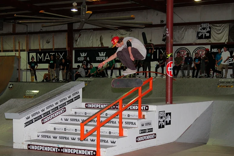 <!-- damnamATL2014saturday -->

A lot of kids were hard flipping the stair set but Nathan Oxenrider pops one over the handrail.