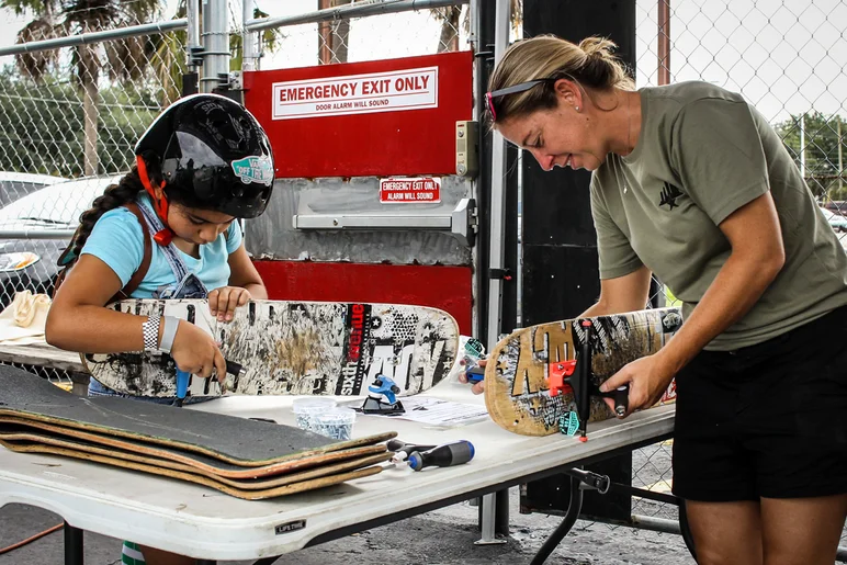 <!--girlsclinic19-->

The Boards for Bros tent had another Board Build going on, and they gave away more than 40 completes to girls in need of new gear.