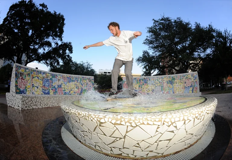 <!-- johhnyRomanoAAnov13 -->

When radical maneuvers like this one happen, I remember why I skateboard. Frank barged across this mosaic fountain like he was 9 years old - pure freedom and happiness right there. That shut down our Houston street skating adventure on Friday evening.