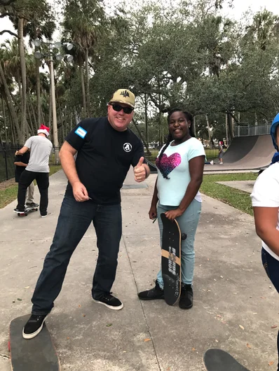 <!--b4bdesoto-->
Woody is another volunteer that does a lot for Boards for Bros. He's also a proud skate dad who had no trouble helping these kids with their first push.