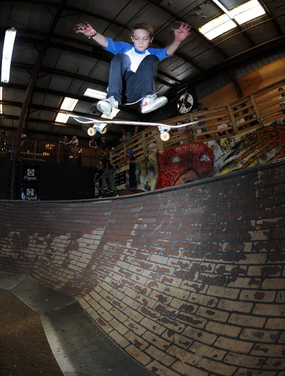 <!--SOJ14-->
Wesley Box took first place in the 9-12 division with tricks like this pressure flip down the china bank.