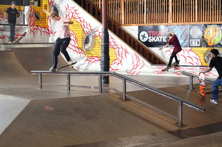 <!--hj18-->

Is this a double skate photo? Liam Brocks Front Crooks while the little homie tries to dip a Smith grind
