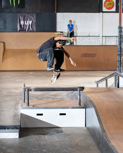 Myles Booker kickflip over the bump to bar to kick off his jam.

<!--harvestjam2022-->