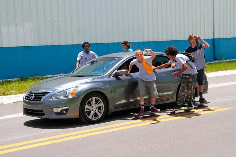 <!--gsd16-->

Holding onto cars can go from good to bad in milliseconds. Skitching is what the kids are calling it. Thankfully all of them came out safe.