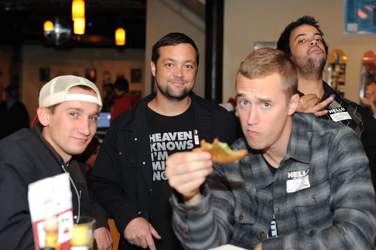 Casey, Justin, Adam, and Alex, shortly before the disappearing act of Justin.<!-- SPoT Employee Christmas Party at The Bricks 2012 -->