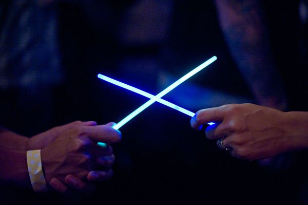 Epic light saber battle at the bar
