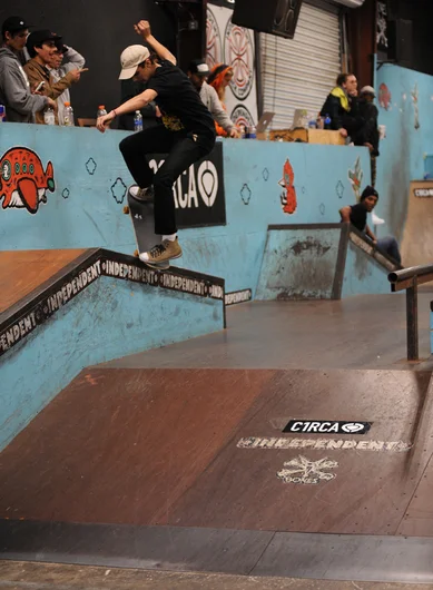 <!--vday16-->

Alejandro Burnell made this frontside nosegrind pop-out into the bank in the sponsored finals. He ended the day in 3rd place.