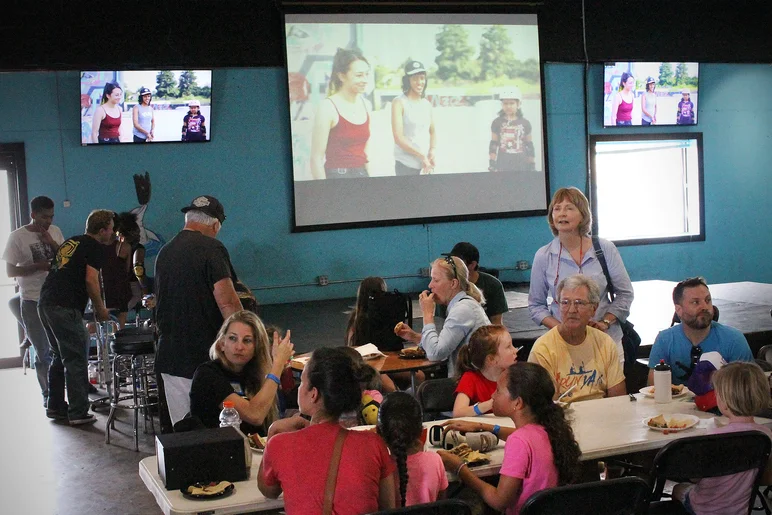 <!--vansgirlsclinic-->

We all sat to watch a short video from Lizzie Armando’s trip to India to teach her own Girls Skate Clinic. Seems like she had an awesome experience out there. 

