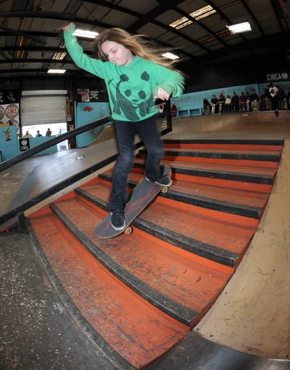 <!--vday16-->

Courtney Block has all the cool-kid moves, like this stair-ride. 