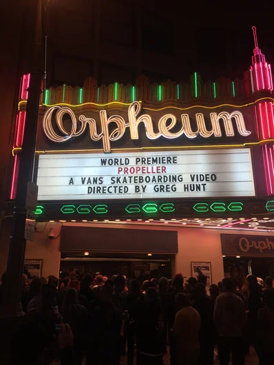 <!--vansca-->

From Kayo, we went straight to the video premiere for Vans Propeller at the Orpheum Theatre in downtown. The scene was packed with skaters, industry heads and old and new friends. Everyone was pretty anxious to get through the sea of people and get a good seat.