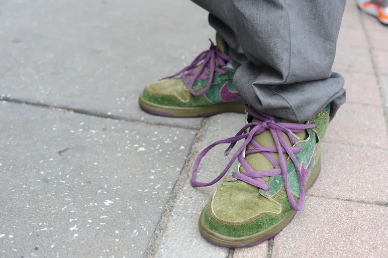 Mr Fashion Police showed up with a blatant violation.  He's about 20 years too young to be having rabbit ears touching the ground like that.  Lookin' like a wedding dress trail or something.  When you do it on purpose somehow it almost makes it cool.<!-- SPoT 20 Year Nike SB Dunk Low Release -->