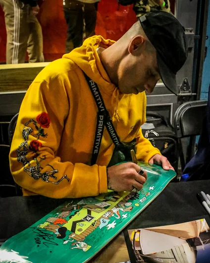 <!--primitivedemophotos-->

Now to sign one of those special new collab decks, with artwork from our very own Chris Preston.
