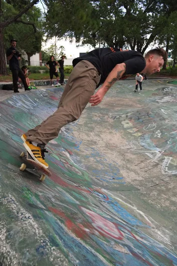 Aaron Austin slashes around the Bro Bowl.<!-- Booze Cruise: September 2012 -->