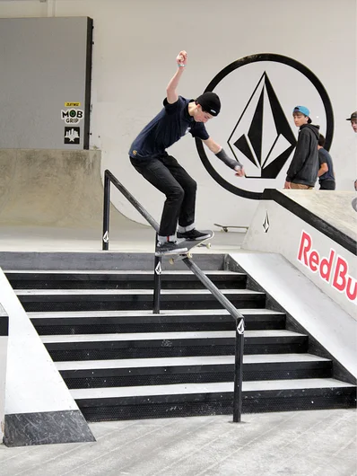 Ethan Loy's got all the fakie tricks down the rail.<!-- Damn Am Costa Mesa 2013 Presented by Volcom -->