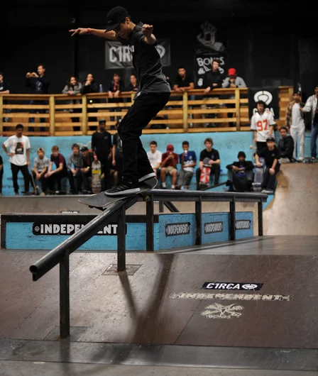 <!--vday16-->
Marcos Montoya is unreal at skateboarding. He’s so smooth, and always has a smile to top it off. Marcos took first place in the sponsored division with moves like this front feeble across and down the rail.
