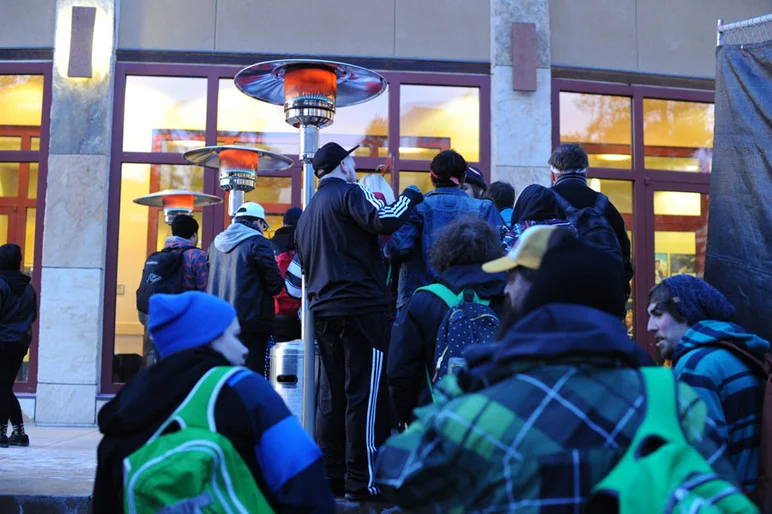 This is the line to get in, but for me and my frozen fingertips, it's the line for those heat lamps.<!-- Zumiez 100k 2012 -->