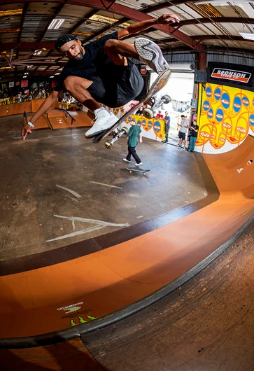 Maurio McCoy cuts through the thick humid air with a KF Fakie.
<!--tampapropractice21-->