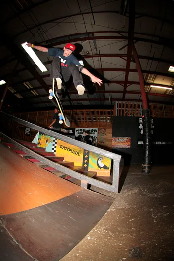<!--cotc15-->

Bud Howard from Clockwork Skate Shop - Tre Flip over the handrail.