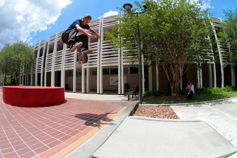 <!--inequality-->

This was a crazy one! Ollie up to a quick FS Flip into the bank. This is one of those spots everyone skates that same way, mostly as  manual pad, because the thing is short. But Eric’s got those Florida quick feet and handles business.