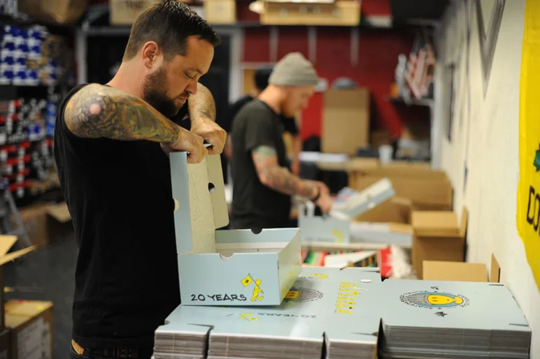 We were sweating when the shoes and the boxes still weren't here on Wednesday, but everything came together Thursday and on Friday night, we ran our Innetech assembly line to put together all the boxes.<!-- SPoT 20 Year Nike SB Dunk Low Release -->