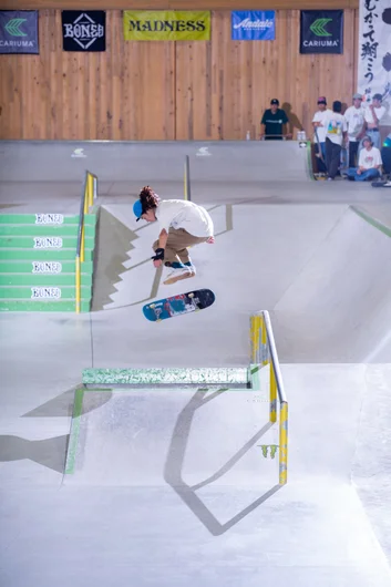 One of the contest favorites, Momohei Yabushita, whips a hardflip over the bank to bank for the judges.

<!--damnamjapan2022day2-->