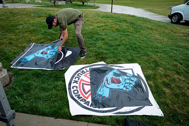 <!--da-chicago16-fri-->

Remember all that hard work Hoffart put in putting up those banners for Best Trick?  Welp, in the end the the weather won and it was time to pack it up and call it.