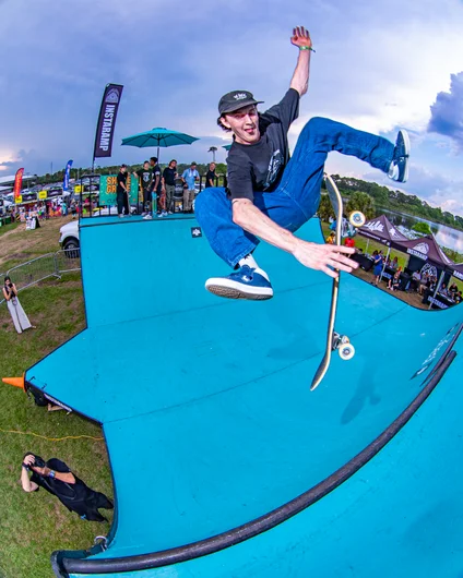 Peter over here learning new tricks in the middle of a demo. Kickflip fakie with a grab in between

<!--floridagrovesfest23-->
